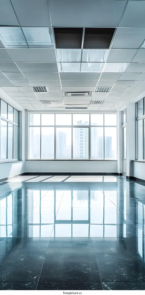 Empty Office Space with City View and Shiny Floor