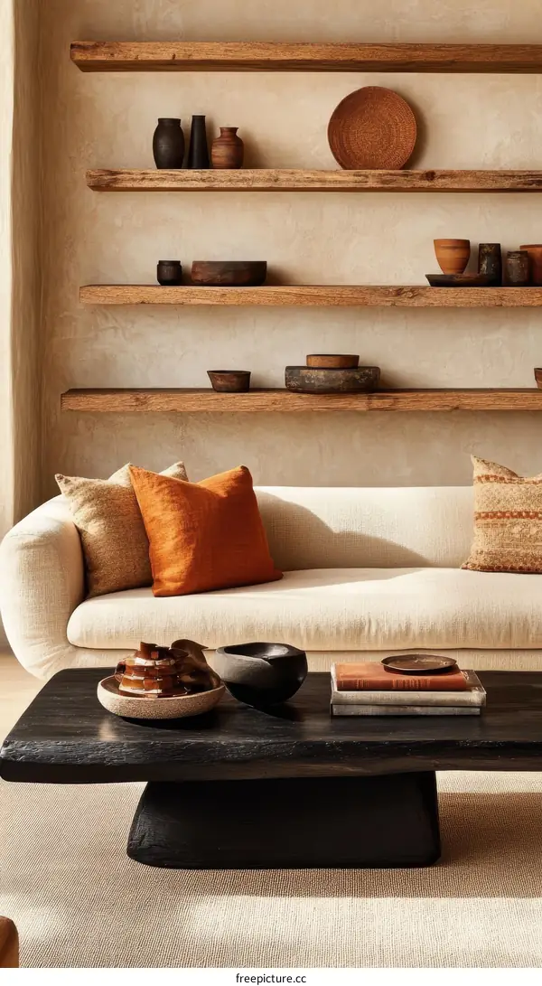 Modern Minimalist Living Room with Wooden Shelves and Coffee Table