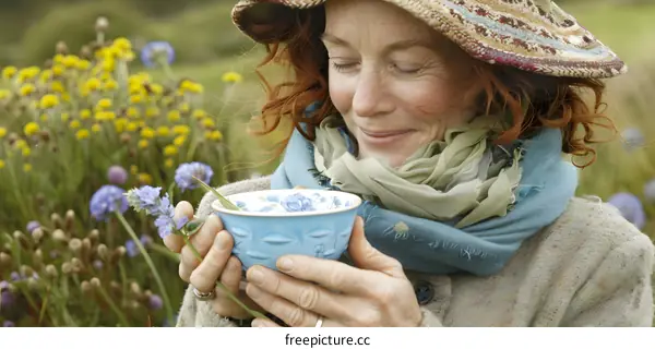 Woman in Field Holding Blue Teacup and Flowers