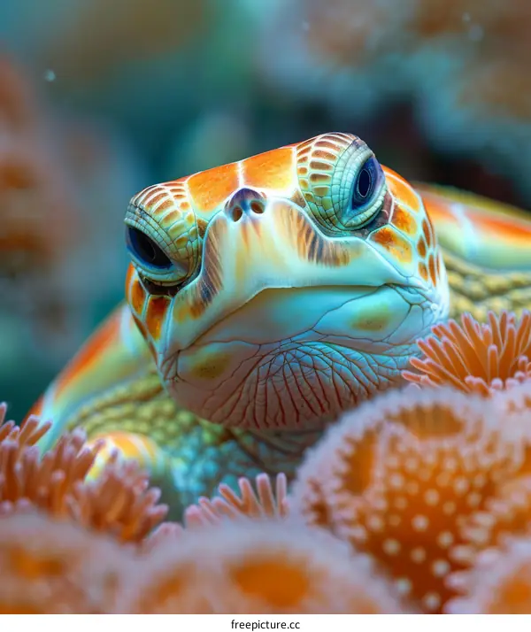 A closeup of a sea turtle's face