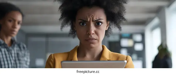 Surprised African Woman Using Tablet in Office