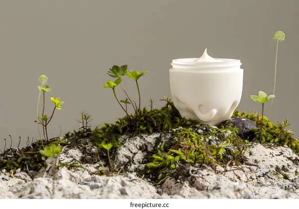 White Cream Jar on Moss and Sand