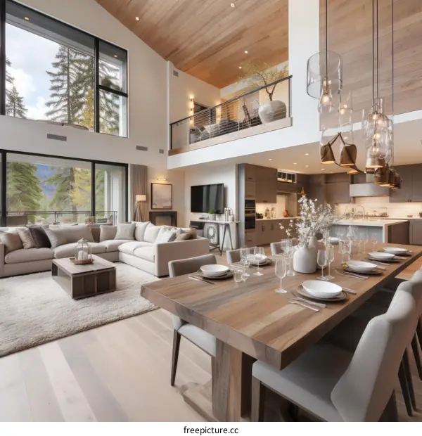 An inviting modern house interior with a dining table, living room, and kitchen