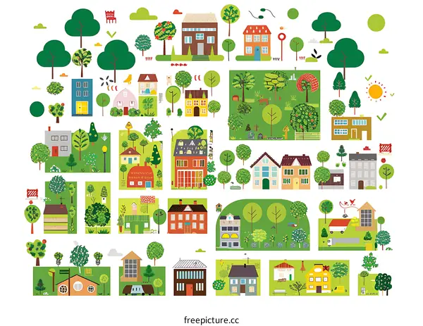 Colorful Hand Drawn Houses and Trees Illustration