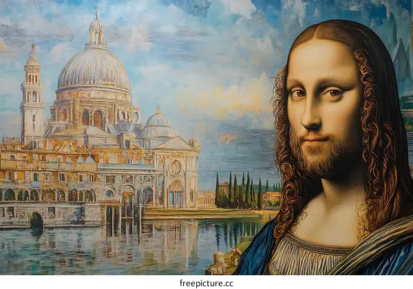 A Modern Take on the Mona Lisa with a European City in the Background