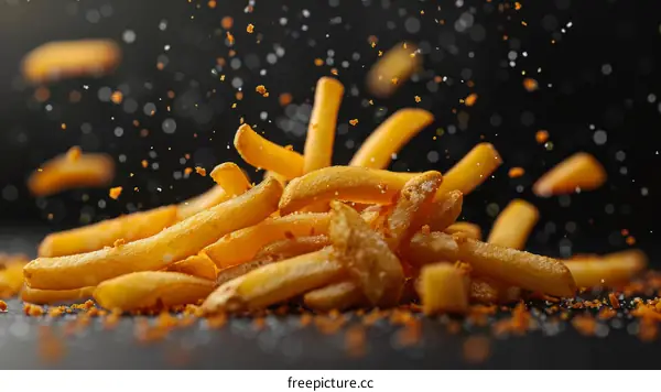 Close-up of fast food French fries being seasoned with salt