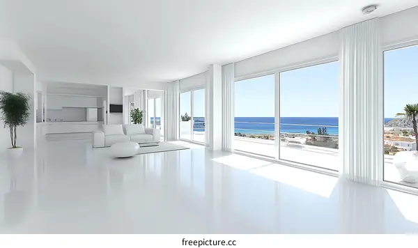 Modern White Living Room Interior Design with Ocean View