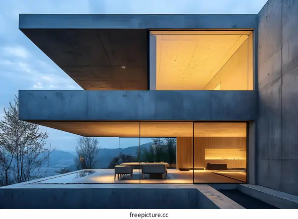 Modern Minimalist Concrete House With Large Windows And Balcony Overlooking Scenic Mountain View