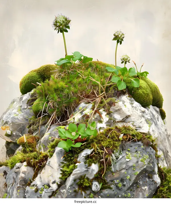 Closeup View of Moss Growing on Rocks with Flowers
