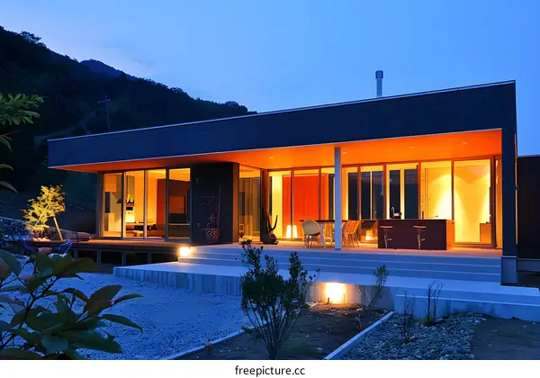 Modern House with Illuminated Patio at Dusk