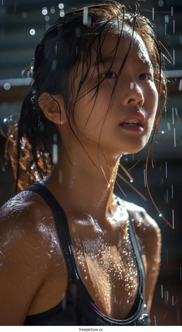 Asian woman in black sports bra standing in the rain with her head tilted upwards