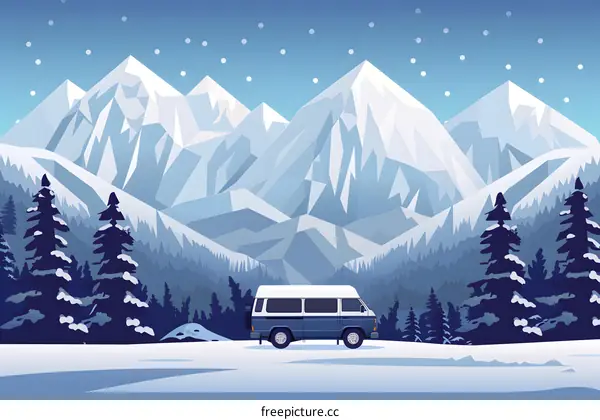 Winter Mountain Landscape With Van