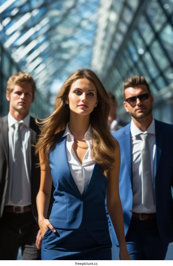 business people in suits walking in a modern building