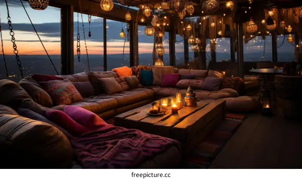 Cozy living room with a view of the city at sunset