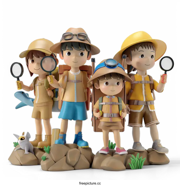 [Transparent Background PNG]Four children dressed as explorers