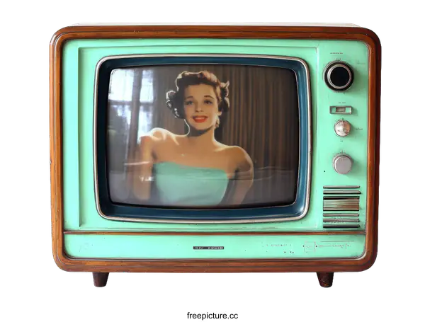 [Transparent Background PNG]Vintage Retro Teal Television Displaying a Woman