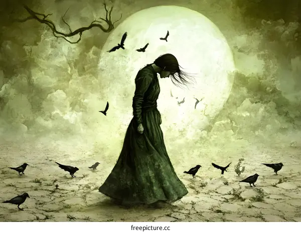 Lonely Woman in a Desolate Landscape With Crows
