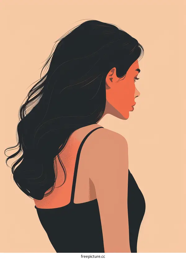 A dark-haired woman in a black dress looks out over the ocean.