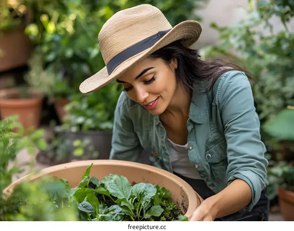 Woman in Hat Gardening in a Backyard