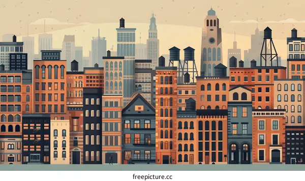 Cityscape Illustration with Buildings and People