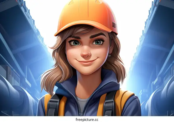 Smiling Female Engineer in Orange Hard Hat and Blue Jumpsuit