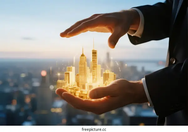 Hands Protecting Glowing City Model Against Urban Background