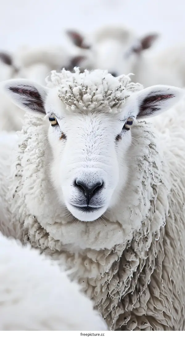 A close-up of a sheep looking at the camera