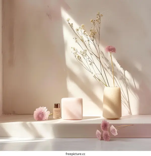 Dried flowers and cosmetics on the windowsill