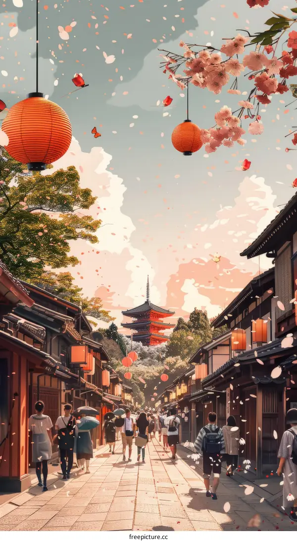 Japanese Street with Cherry Blossoms and Pedestrians