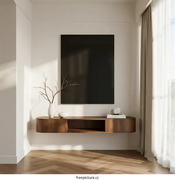 Minimalist living room with wooden shelf and black wall art