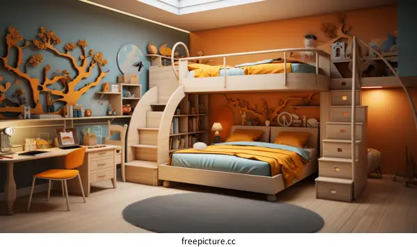 A bedroom with a bunk bed, a desk, and a lot of storage space