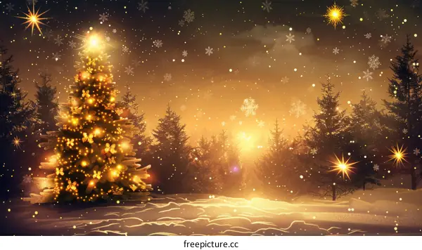 Snowy Forest Scene at Christmas Night