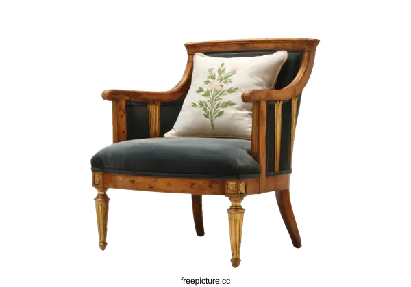 [Transparent Background PNG]Vintage Wooden Armchair with Decorative Embroidered Cushion