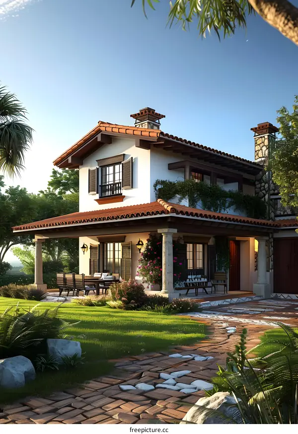 Mediterranean Style House with Lush Greenery
