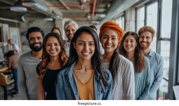 A group of diverse people standing together and smiling.
