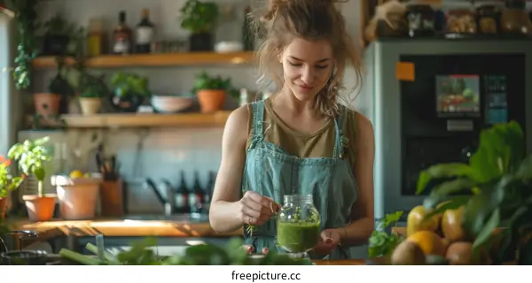Young woman making a healthy green smoothie in the kitchen