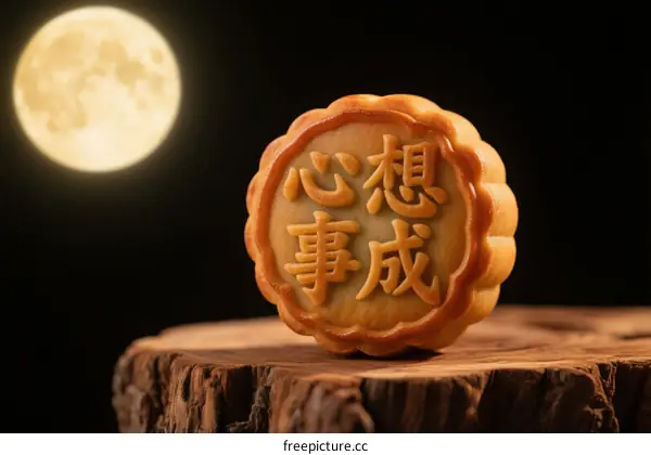 Mooncake with 'Everything Goes Well' Chinese Characters Under a Full Moon