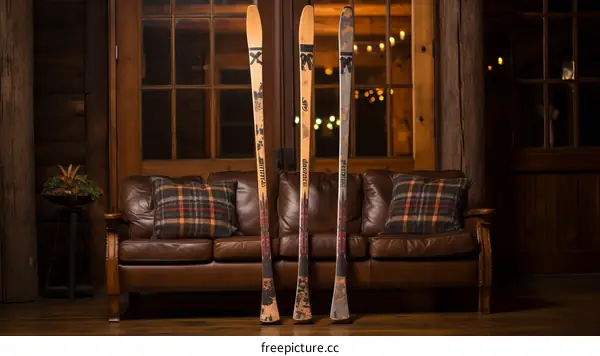 Three Pairs of Skis are Leaning Against a Couch