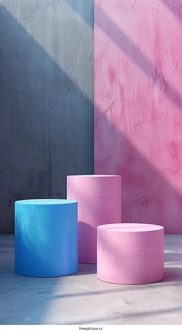 Three-dimensional pink and blue podiums against a pink and gray background