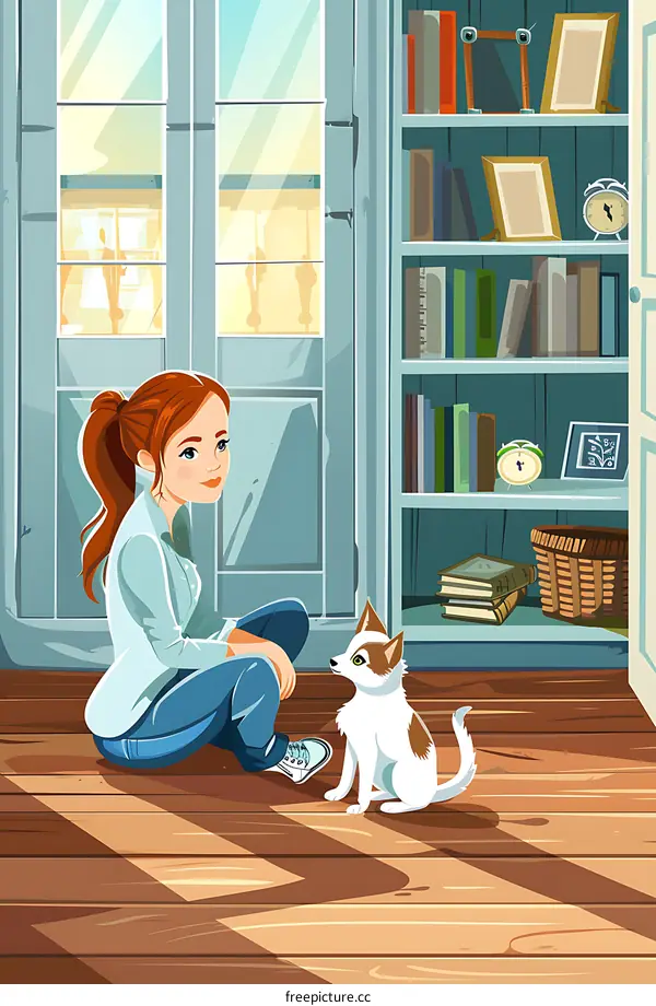 Girl with Dog Sitting on Wooden Floor in a Cozy Room