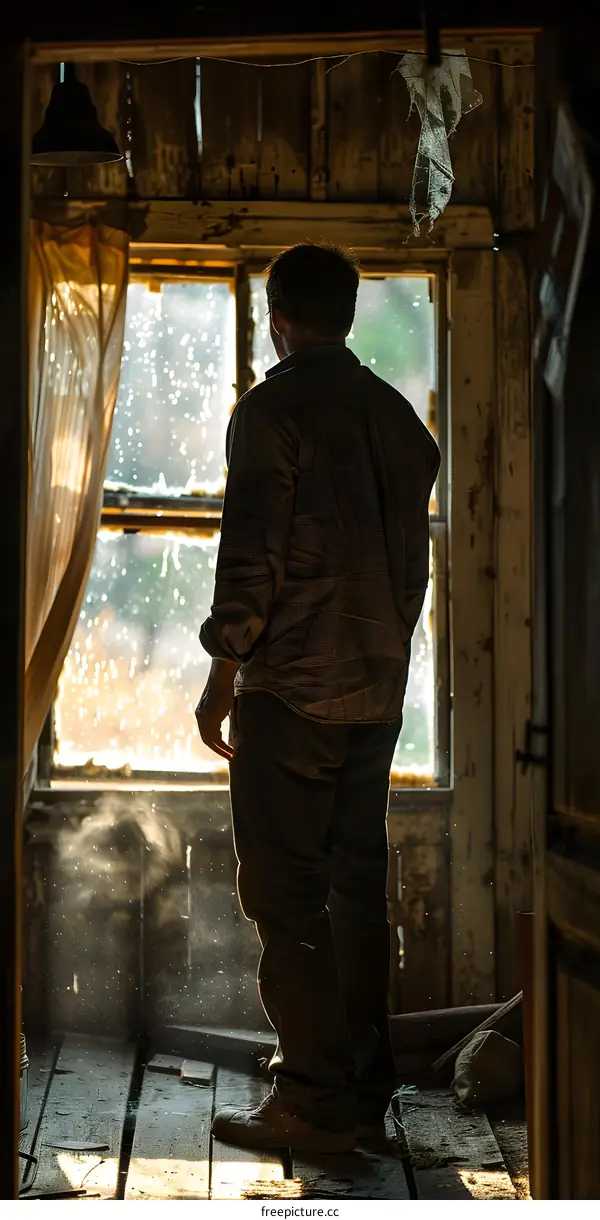 Man Standing in a Window of a Dilapidated House Looking Out