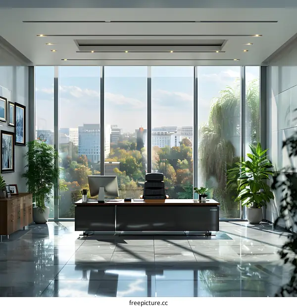 Modern office interior with large windows and a view of the city