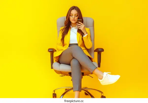 Business Woman Sitting in Office Chair Using Smartphone