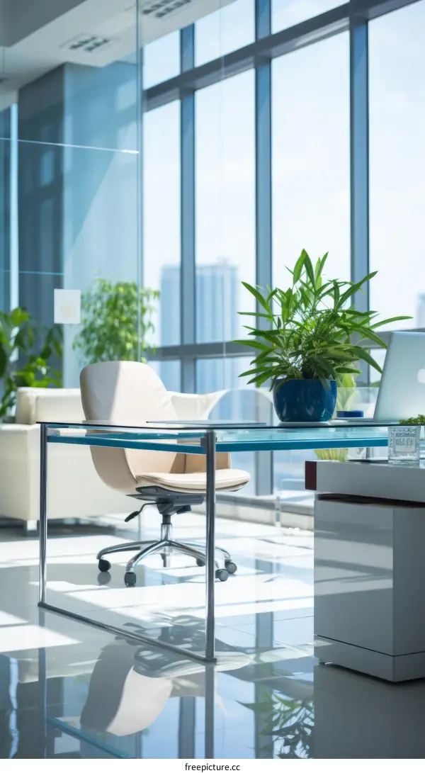 Modern office interior with large windows and a plant on the desk