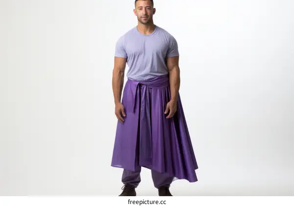 A man wearing a purple skirt