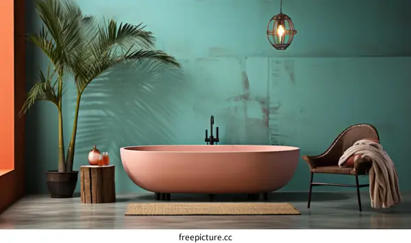 Modern Bathroom with Pink Bathtub, Green Wall and Palm Tree