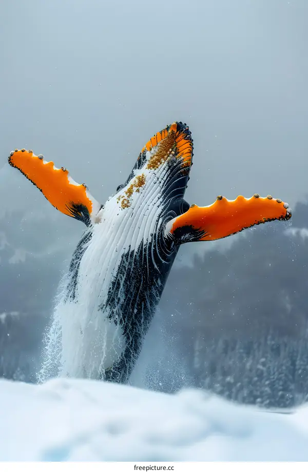 Humpback whale jumping out of water with snow capped mountains in background