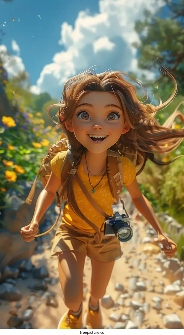 Girl Running with Camera on Mountain Trail