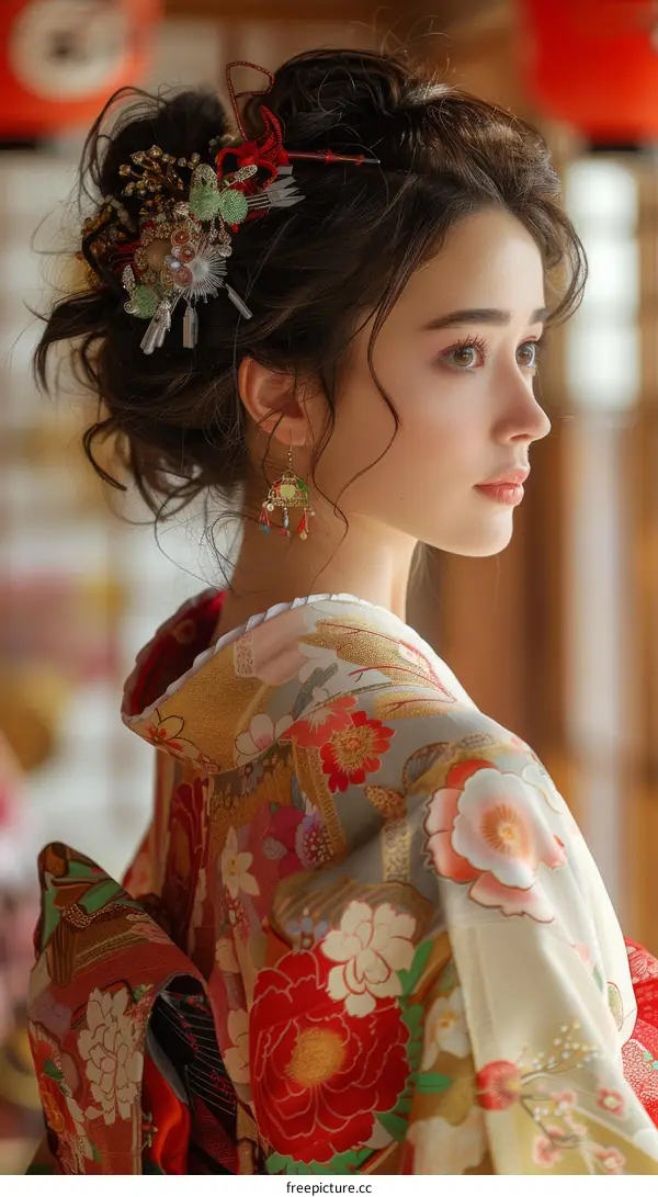 portrait of a beautiful asian woman wearing a kimono