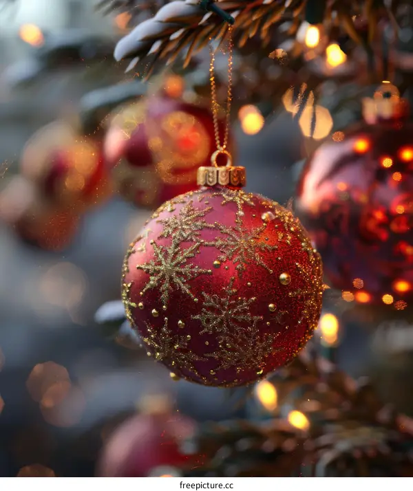 Red Christmas Ornament on Snowy Fir Tree